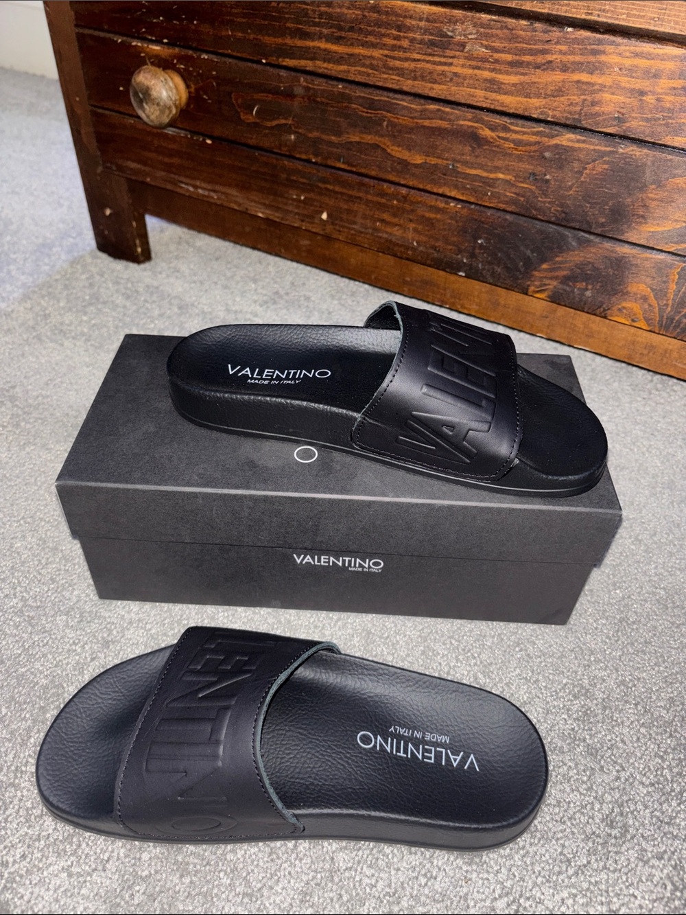 Valentino by Mario Black Embossed Logo Slide Sandals TW